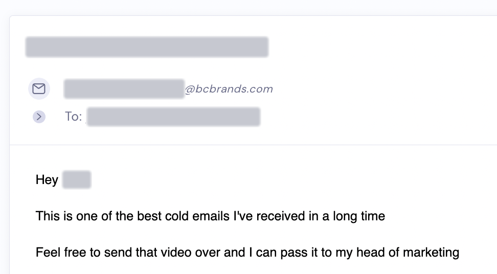 BC Brands praises the cold email and offers to pass the video to its head of marketing. Personal details redacted.
