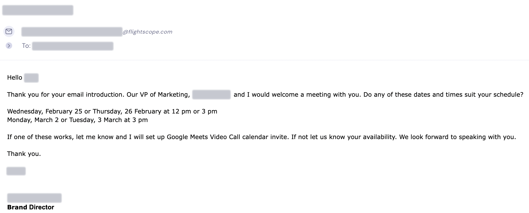 FlightScope offers dates for a meeting with its VP of Marketing and Brand Director. Personal details redacted.