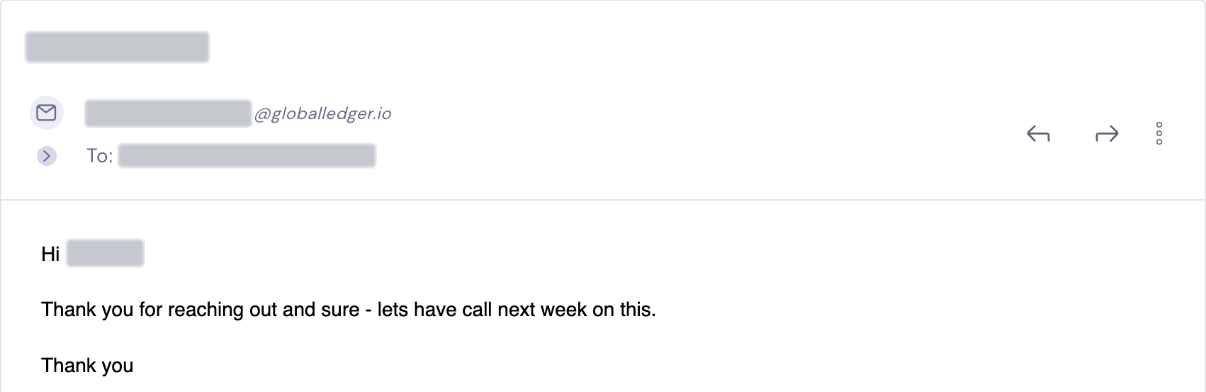 Global Ledger asks for a call the following week. Personal details redacted.