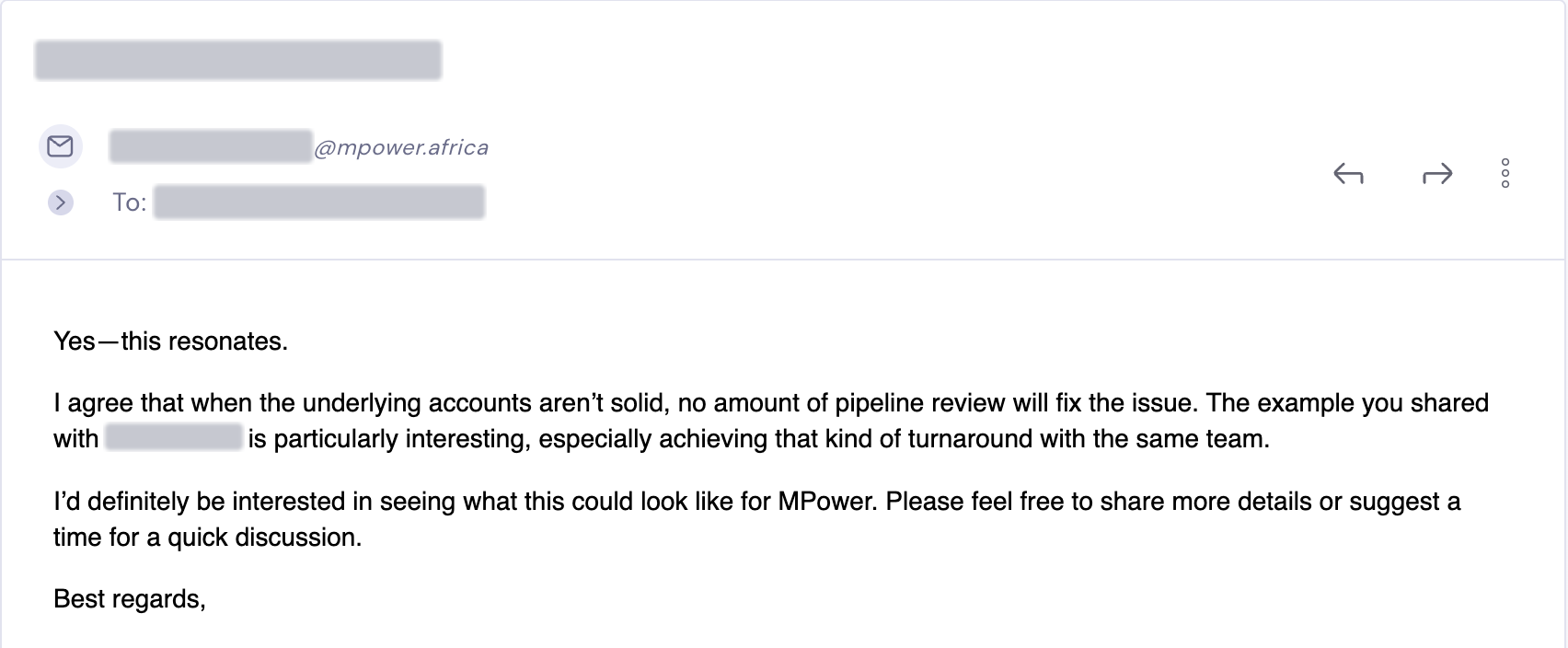 MPower expresses interest and asks for more details or a time to talk. Personal details redacted.