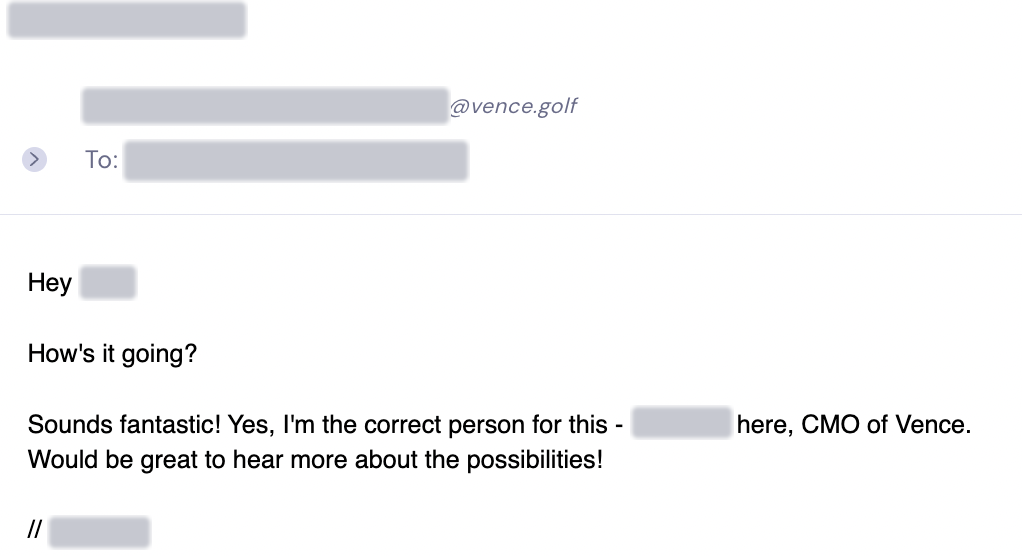 Vence’s CMO confirms they are the right contact and wants to hear more. Personal details redacted.